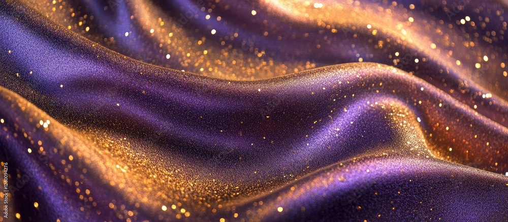 Fototapete shimmering gold and purple satin fabric with soft waves and sparkling glitter elements creating an e
