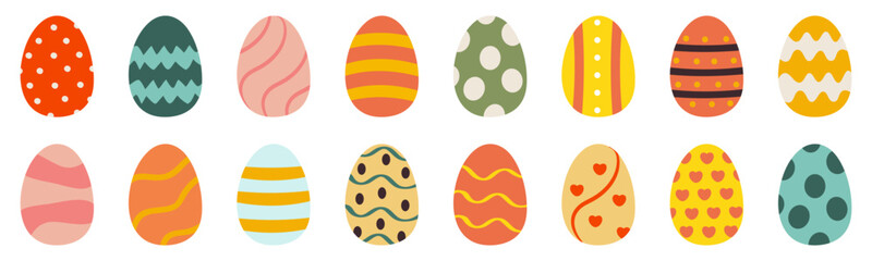 A festive set of beautifully decorated Easter eggs in various colors and patterns. This bright and joyful collection is great for holiday designs, greeting cards, kids' projects, and seasonal decor.
