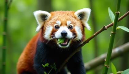 Fototapeta premium Red panda munching on bamboo shoots, lush green background, wildlife photography, nature, food