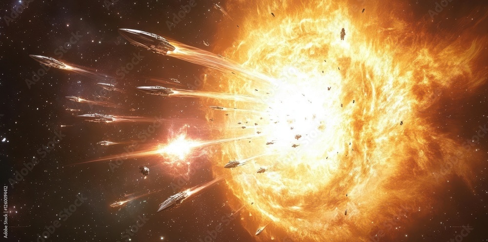 Aufkleber spaceships engage in a firefight near an exploding star