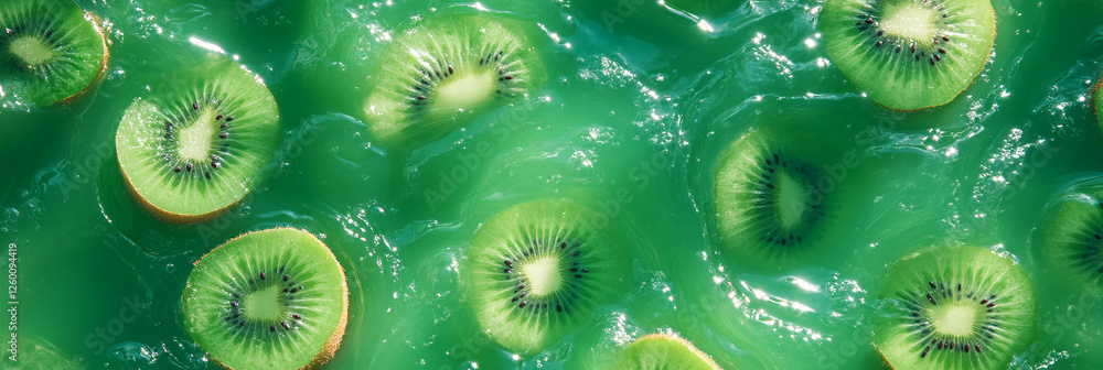 Poster Enjoying the refreshing green kiwi milk with delightful ripples and floating fruit slices