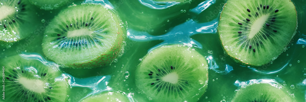 Poster Green milk with kiwi ripples and sliced kiwi pieces in a refreshing top view display