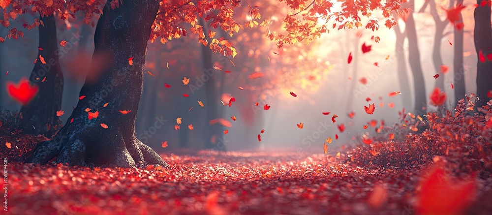 Leinwandbilder vibrant autumn forest scene featuring red and yellow leaves scattered on a misty path with tall tree