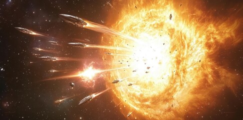 Spaceships engage in a firefight near an exploding star