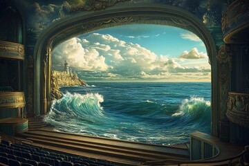 Fototapeta premium Dramatic theater stage with giant ocean waves crashing in a surreal artistic display