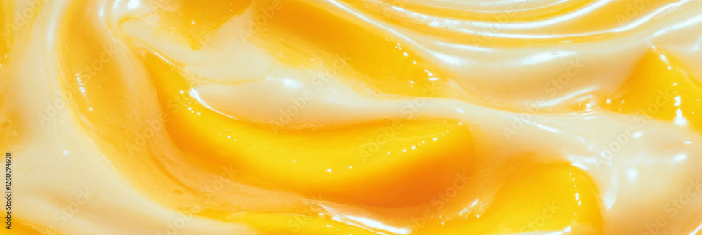 Poster swirling hazelnut milk and fresh mango slices create dynamic ripples