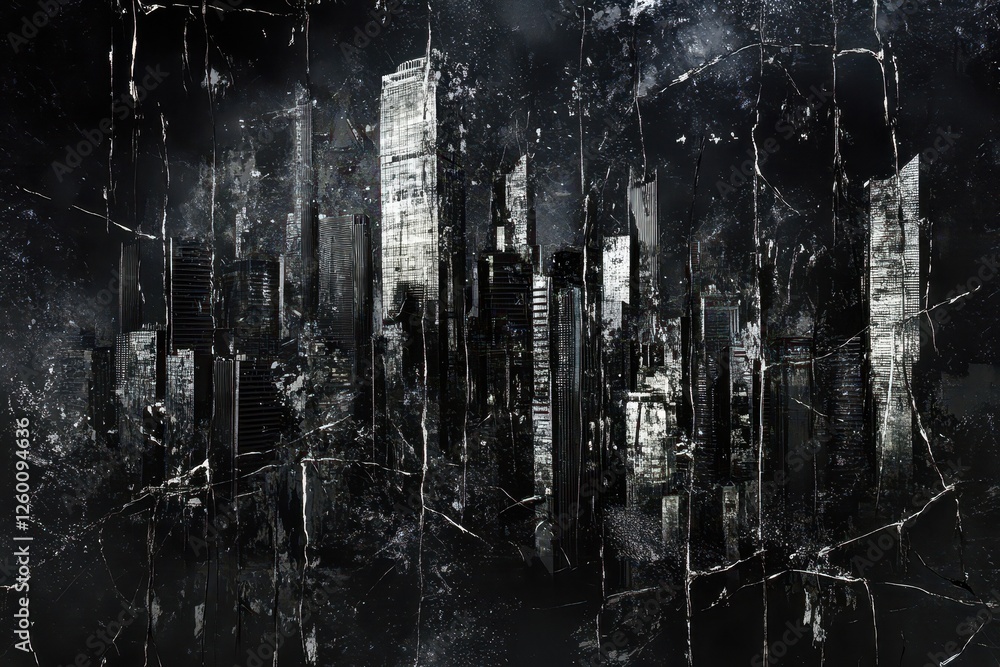 Poster abstract cityscape rendered in monochrome with distressed and textured effect