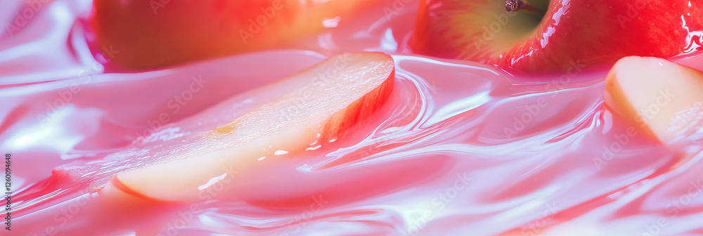 Poster Rippling hazelnut milk with apple slices creating a dynamic visual experience