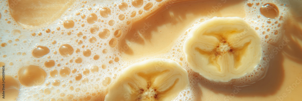 Poster hazelnut milk swirls with banana slices creating a delightful ripple effect