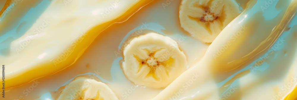 Poster rippling hazelnut milk with banana slices creating a soothing visual experience