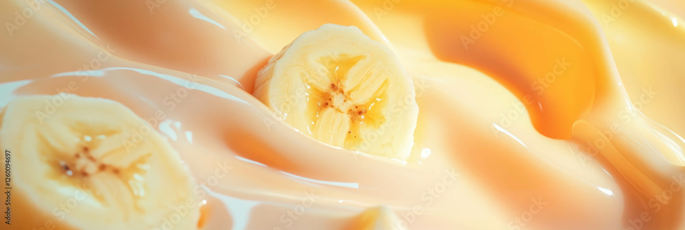 Poster Rippling hazelnut milk with fresh banana slices creating a tranquil wave pattern