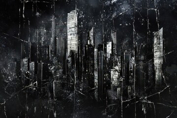 Abstract cityscape rendered in monochrome with distressed and textured effect