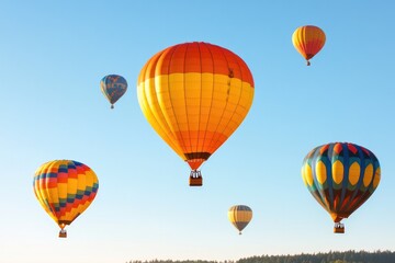 Colorful hot air balloons float gracefully in clear blue sky, cr