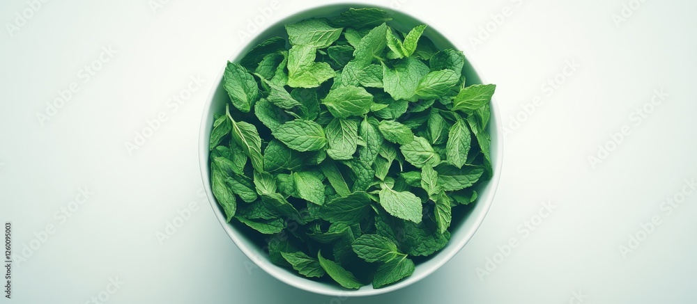 Poster fresh green mint leaves arranged in a circular pattern inside a white bowl, creating a vibrant contr