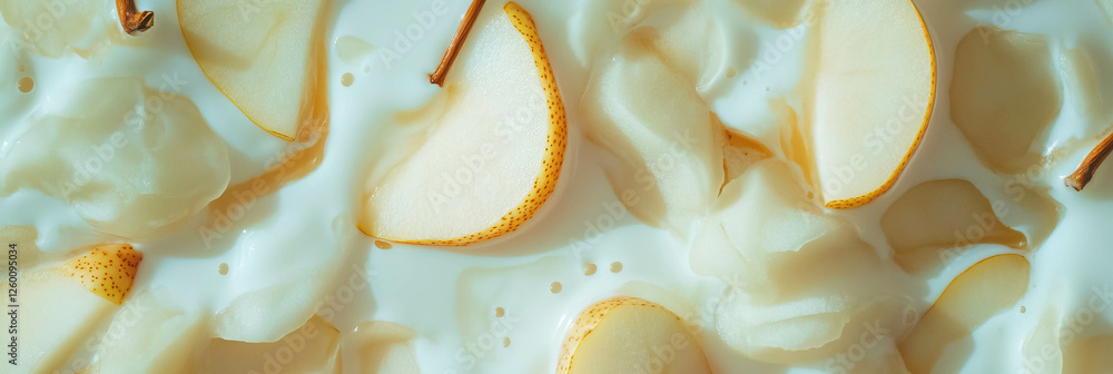 Poster delicate ivory milk topped with pear slices and ripples for a refreshing treat