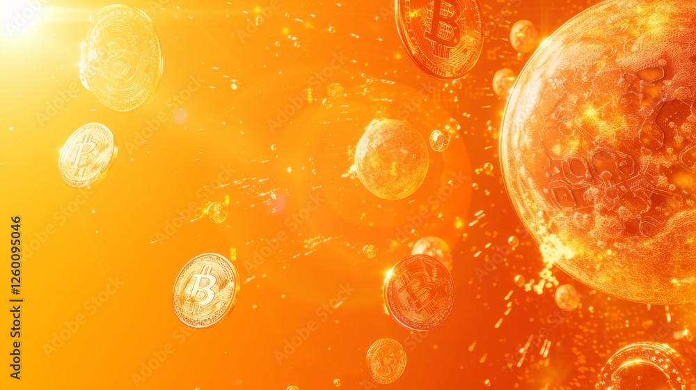 Poster multiple bitcoin coins floating in a radiant golden space, surrounded by sparkling lights and abstra