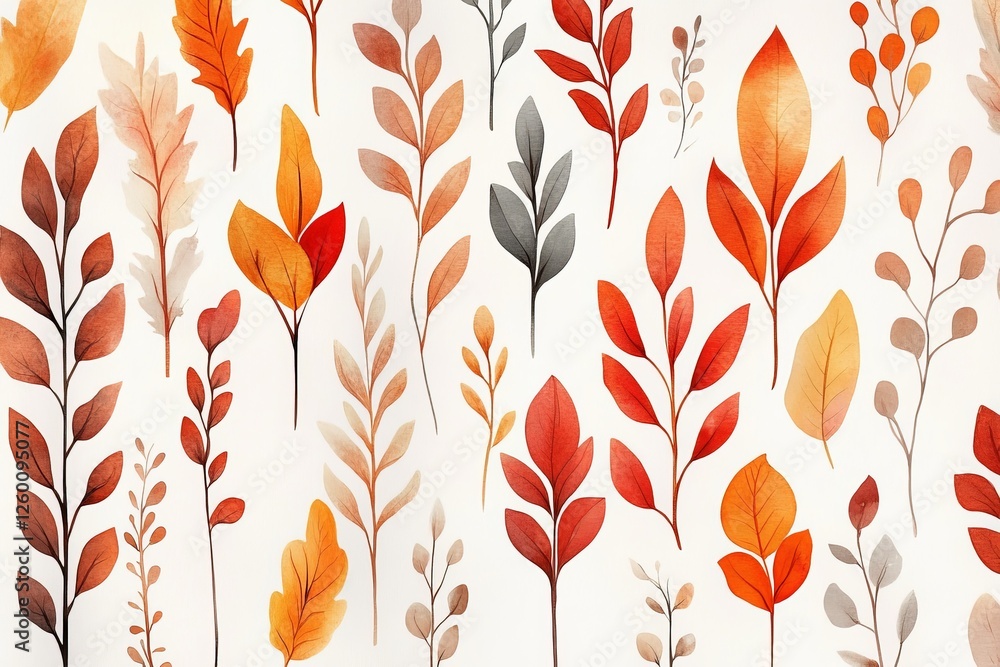 Poster autumn leaves pattern in vibrant colors on a light background with various shapes
