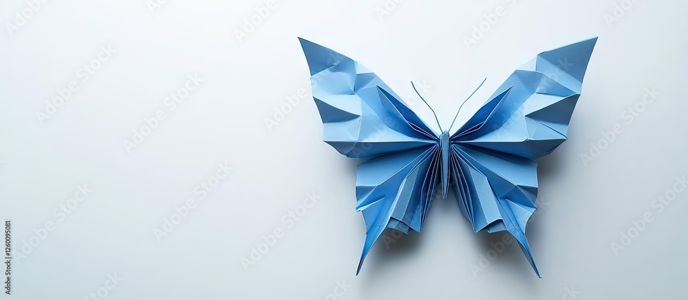 Poster blue origami butterfly with sharp folded edges centered on a blank white background, featuring vario