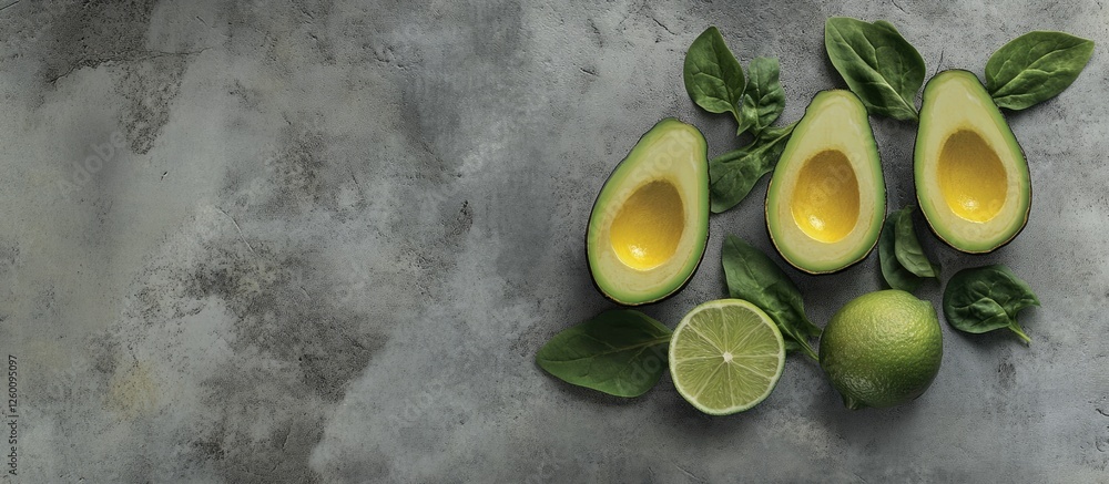 Aufkleber avocado halves arranged with fresh baby spinach leaves and lime slices on a textured grey stone back