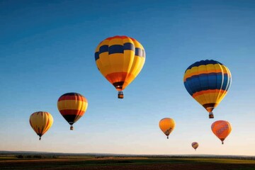 Fototapeta premium Colorful hot air balloons gracefully ascend against clear blue s