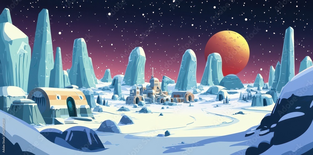 Poster snowy alien landscape with futuristic structures and planet