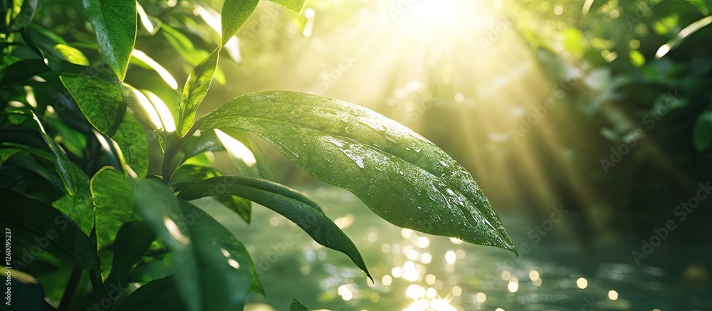Fototapete Sunlight filtering through green leaves in a lush forest with a soft golden glow, creating a serene and tranquil atmosphere.