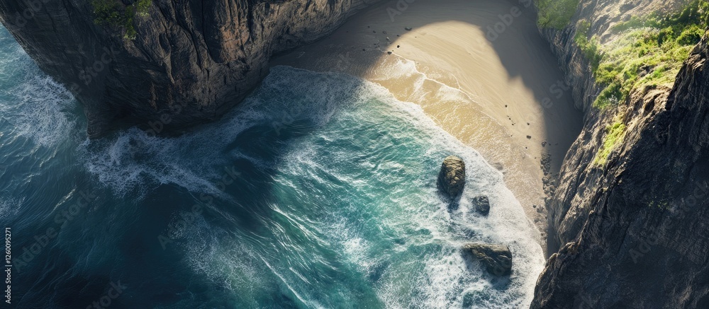 Leinwandbilder aerial view of a serene black sand beach bordered by lush green cliffs with waves gently crashing al