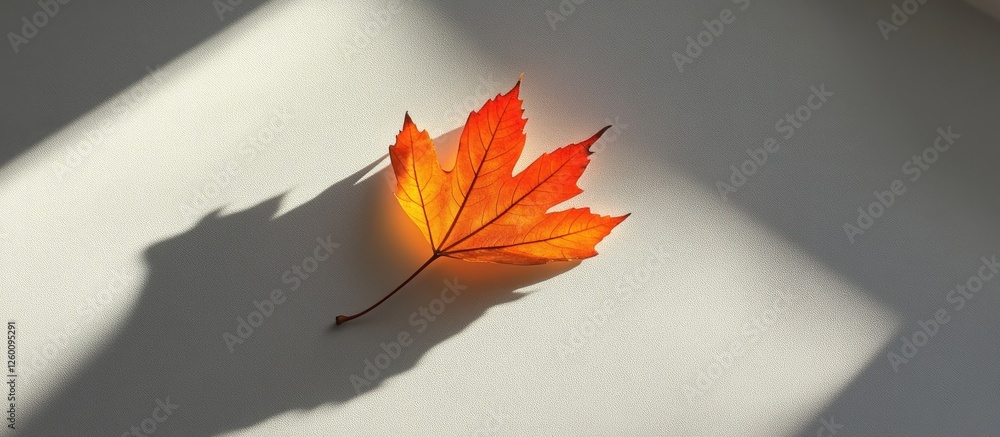 Poster Chilled orange maple leaf positioned centrally on a white surface casting a long gray shadow with soft light creating contrasting colors and depth
