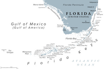 Florida Keys, United States, gray political map. Coral cay archipelago off southern coast of Florida Peninsula, extend in an arc to the westernmost of the inhabited islands Key West, to Dry Tortugas. © Peter Hermes Furian