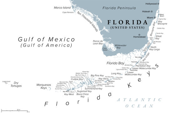 Florida Keys, United States, gray political map. Coral cay archipelago off southern coast of Florida Peninsula, extend in an arc to the westernmost of the inhabited islands Key West, to Dry Tortugas.