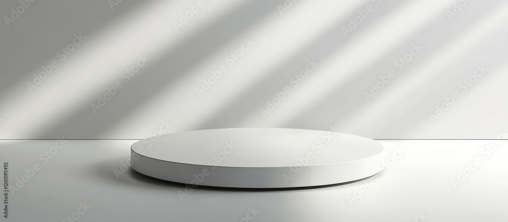 Poster Minimalist round display platform in bright white, centered with soft shadow effects, ideal for showcasing products and advertisements.