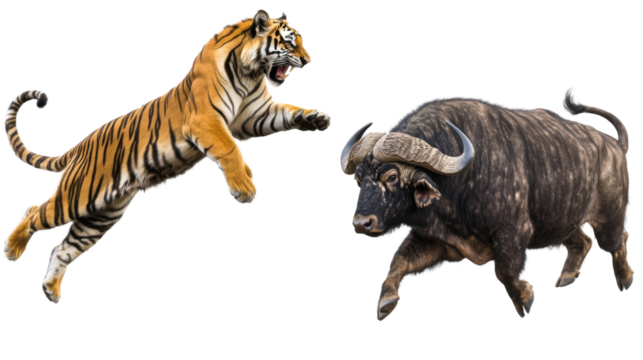 A tiger jumping to seize a buffalo, its paws reaching forward and eyes locked on the target, with fur rippling in mid-flight, isolated on a transparent background.
