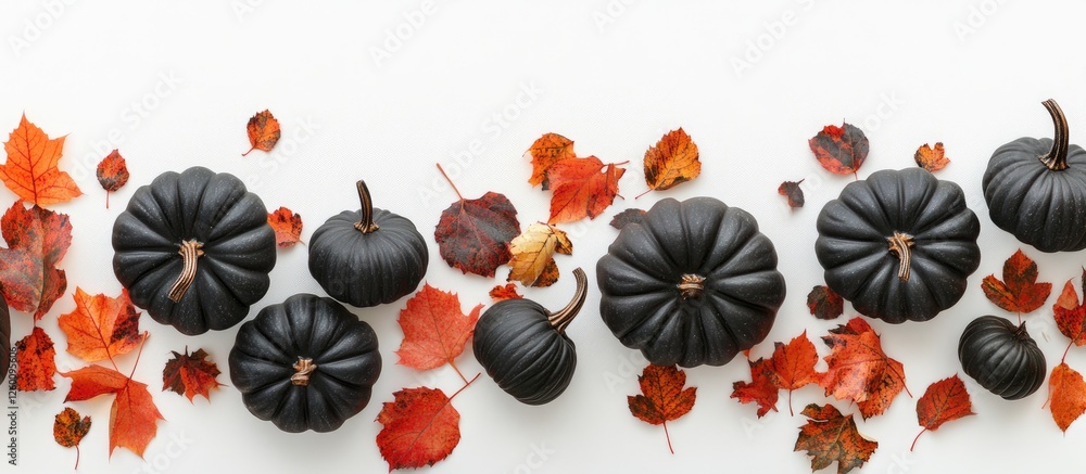 Aufkleber black pumpkins arranged in a flat lay with scattered orange and red autumn leaves on a white backgro