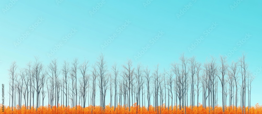 Poster bare deciduous trees against a clear blue sky with vibrant orange foliage below creating a striking 