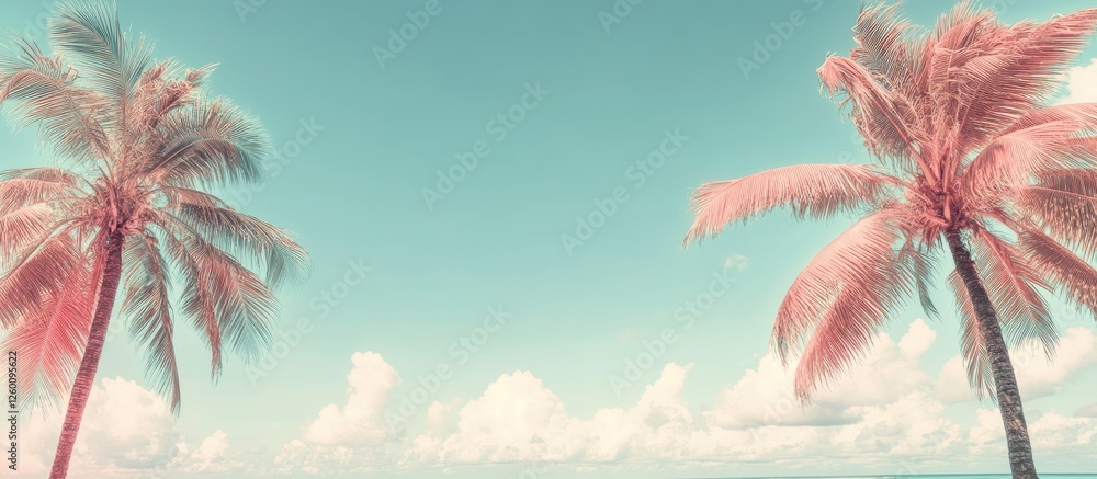 Poster tropical paradise with soft pink palm trees framing a serene turquoise sky and distant white clouds 