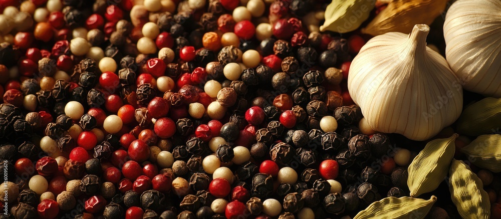 Aufkleber Assorted colorful peppercorns and garlic cloves arranged on a dark background creating an inviting culinary scene with rich textures and tones.