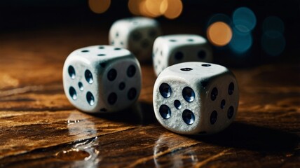 Close-up of dice showing a lucky roll, placed on a textured surface with accent lighting.