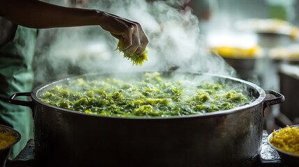 A vibrant Malaysian street food scene where a vendor serves steaming hot Bubur Kacang Hijau from a large pot, the aroma of coconut and palm sugar filling the air, bustling market setting,