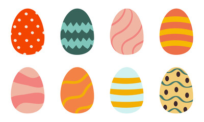 A festive set of beautifully decorated Easter eggs in various colors and patterns. This bright and joyful collection is great for holiday designs, greeting cards, kids' projects, and seasonal decor.