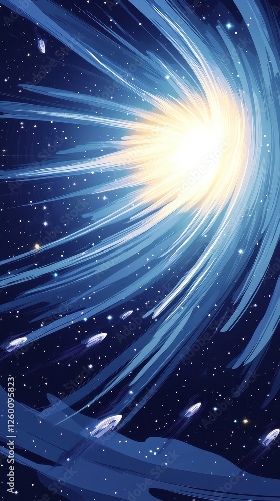 Poster light streaks across dark space with spaceships moving through it
