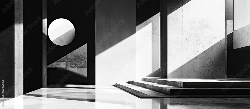 Poster monochromatic geometric interior with shadows, circular and triangular shapes, bright white and deep