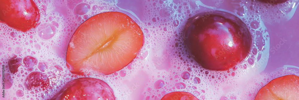 Poster lavender milk swirled with plum ripples and floating plum slices viewed from above