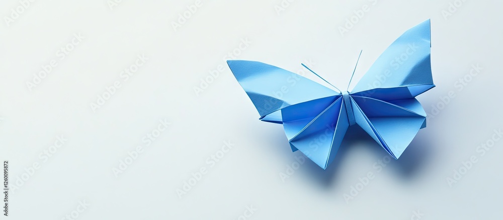 Poster blue origami butterfly positioned on the right of a soft white background with subtle shadows enhanc
