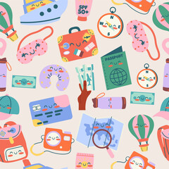 Seamless kawaii travel pattern in flat style