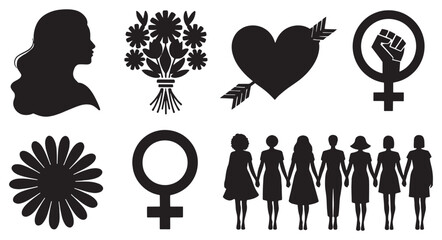 Women's Day silhouette Feminist Symbols and Icons Set featuring a woman’s profile, flowers, hearts, empowerment fist, female symbol, and diverse women holding hands Vector Design