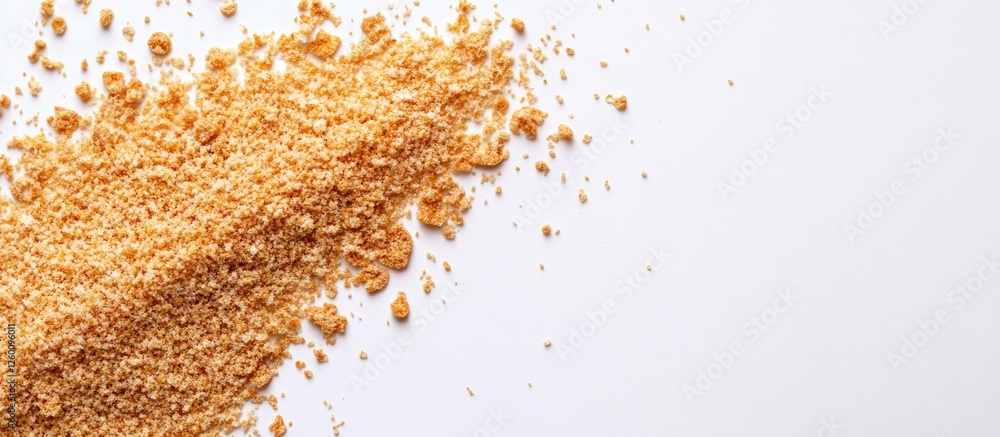 Poster bread crumbs spread across a white background with a light brown hue featuring a top view flat lay a