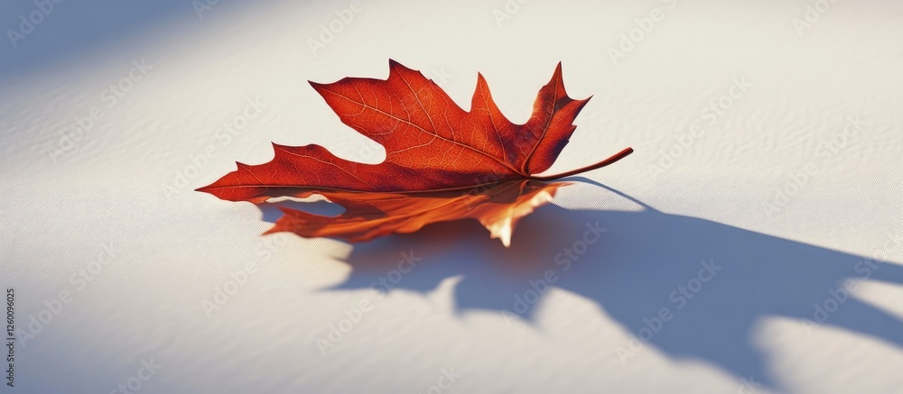 Fototapete Chilled autumn maple leaf in bright red color resting on a soft white surface casting a long shadow creating contrast and visual depth in natural light.