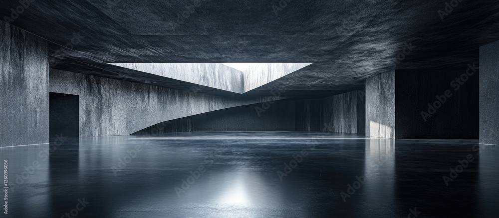 Poster minimalistic three-dimensional room in black tones featuring smooth surfaces, angular architecture, 