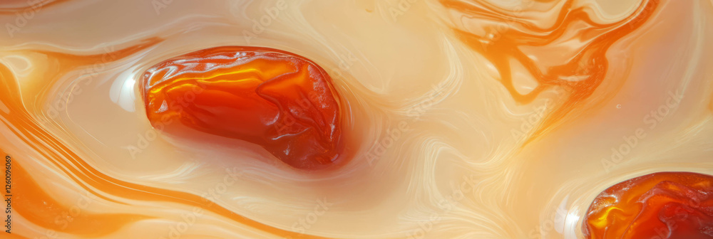 Poster delicious light brown milk swirled with sliced dates viewed from above