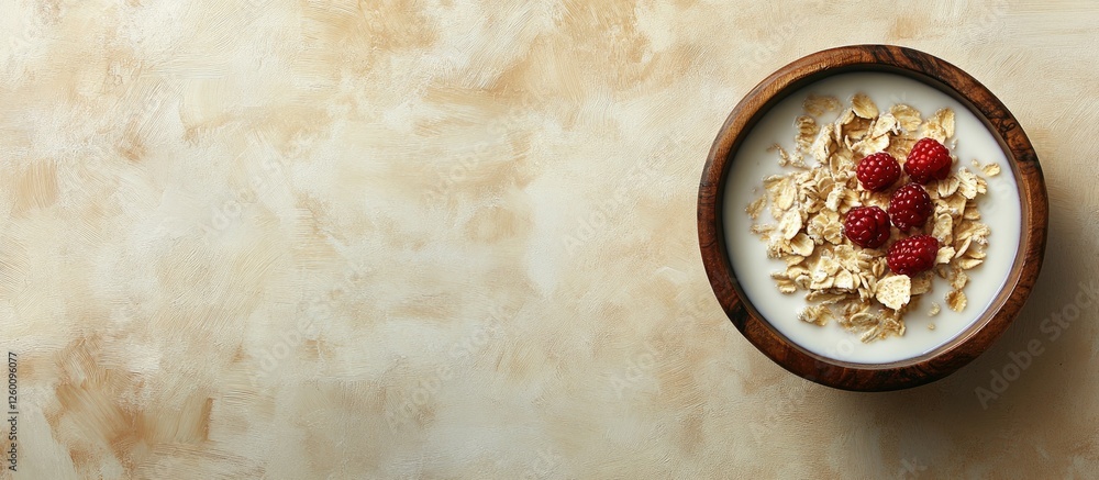 Poster Cereal with milk and fresh raspberries in a round wooden bowl centered on a light beige textured background horizontal view from above